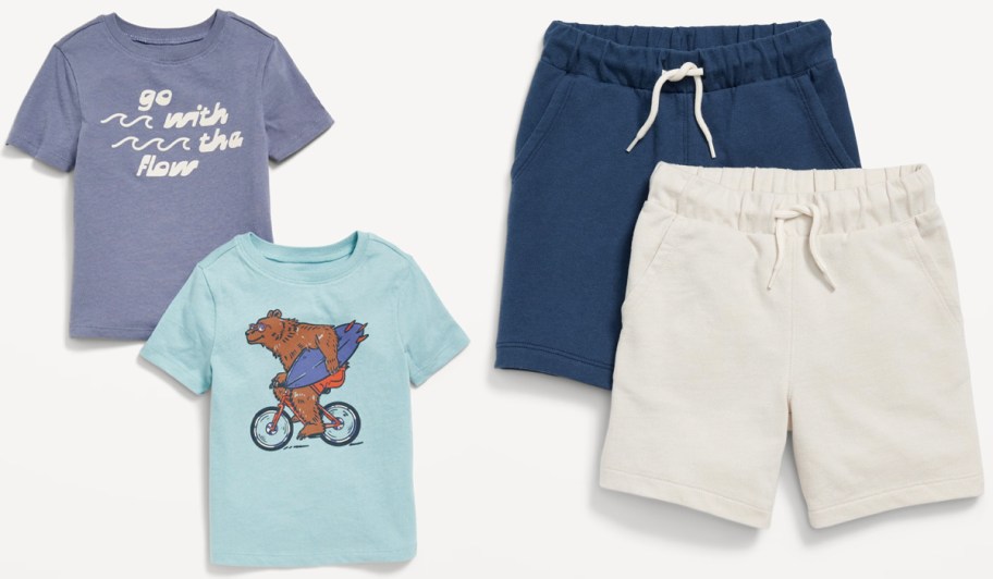 blue toddler tees and beige and blue shorts 