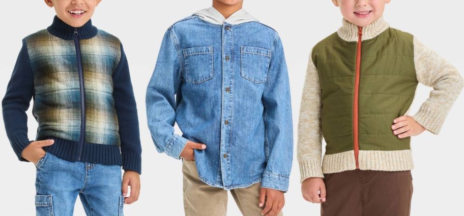 2 boys in quilted zip sweaters and one boy wearing a jean shacket with a hoodie