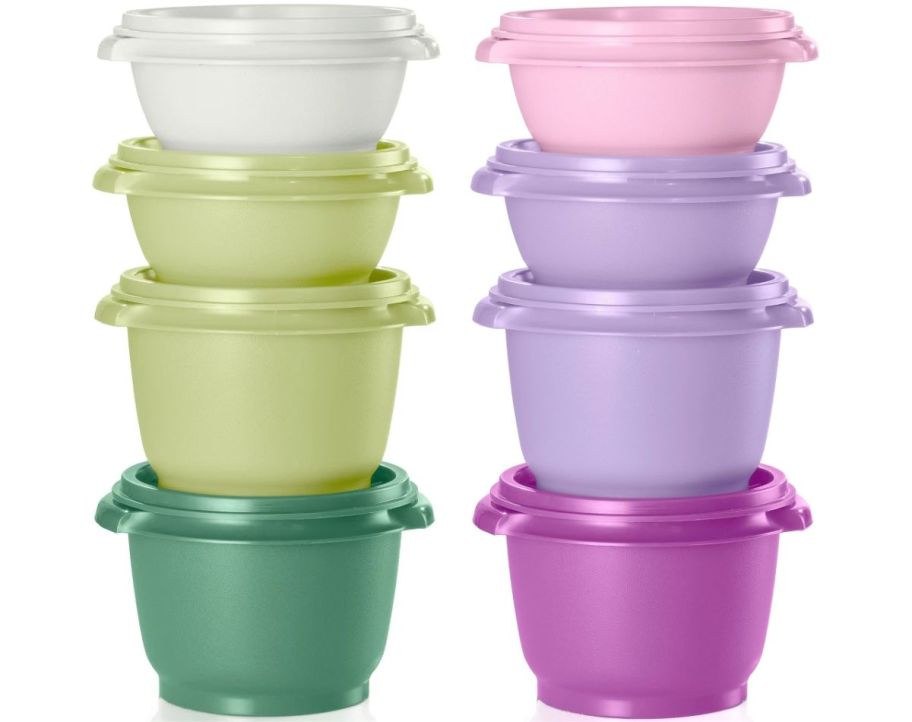 tupperware 8 piece food storage sets in green and purple