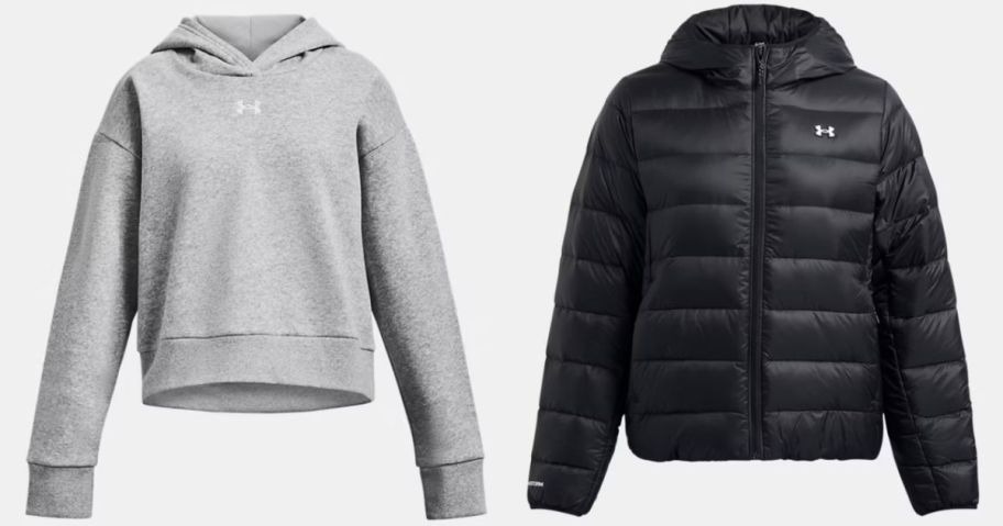 gray under armour crop hoodie and black under armour puffer jacket