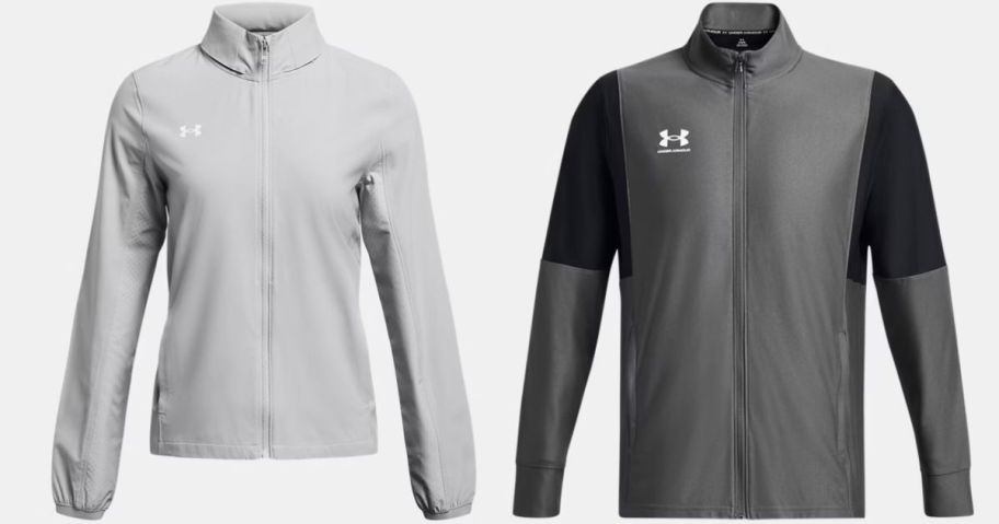 gray under armour zip up and gray and black color blcok zip up jacket