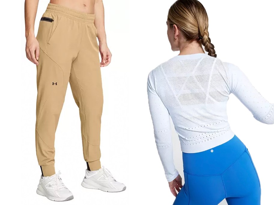 women wearing tan under armour joggers and white tee 