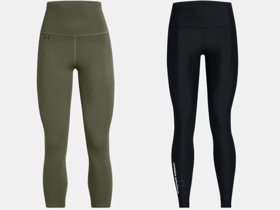 two pairs of green and black leggings 