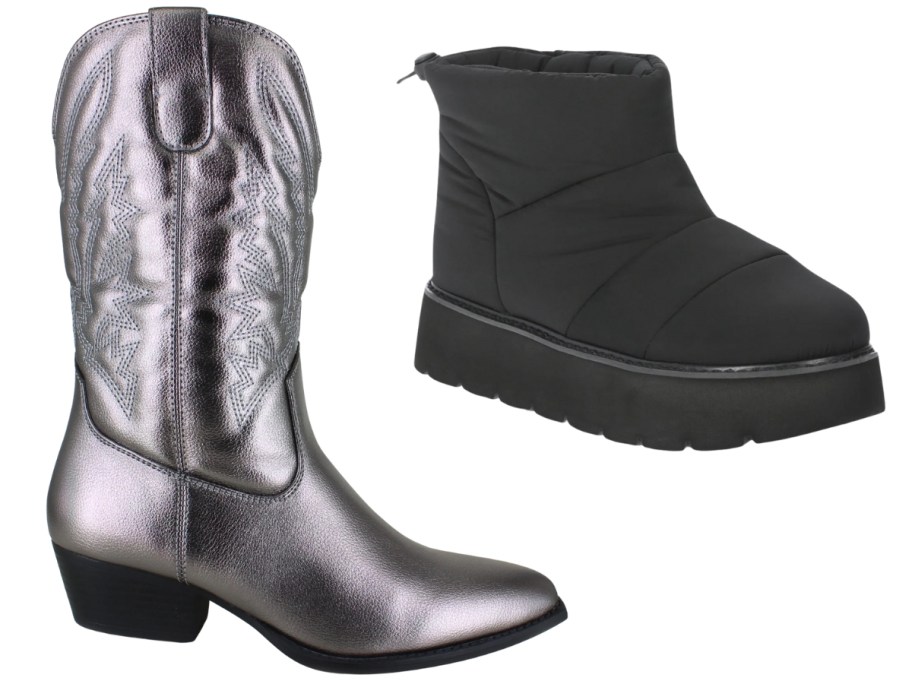 a women's silver mid calf cowboy boot and a black ankle chunky sole boot