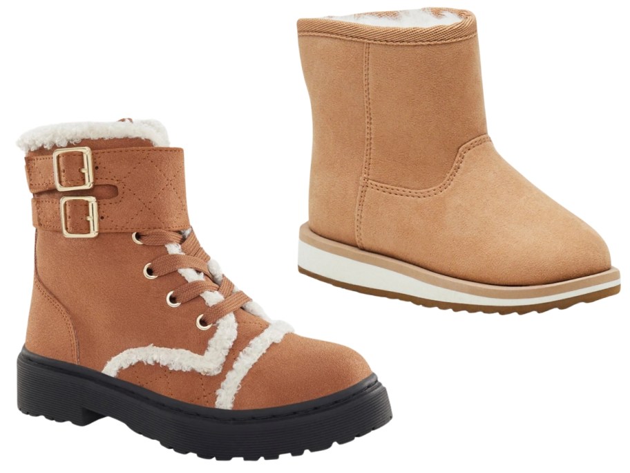 a girls tan and faux shearling trimmed lace up boot and a light tan slip in boot