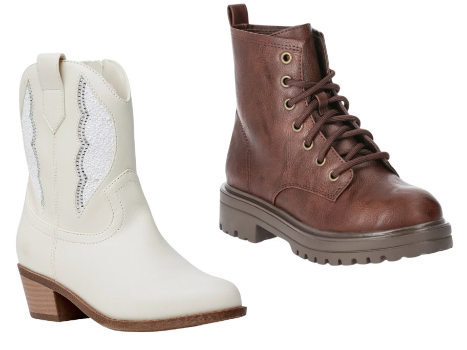 a girl's white short cowboy style boot and brown lace up onlinebat style boot