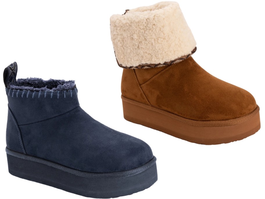 women's boots, one dark navy with a thick sole, one brown with a thick sole and fold down shearling on the top