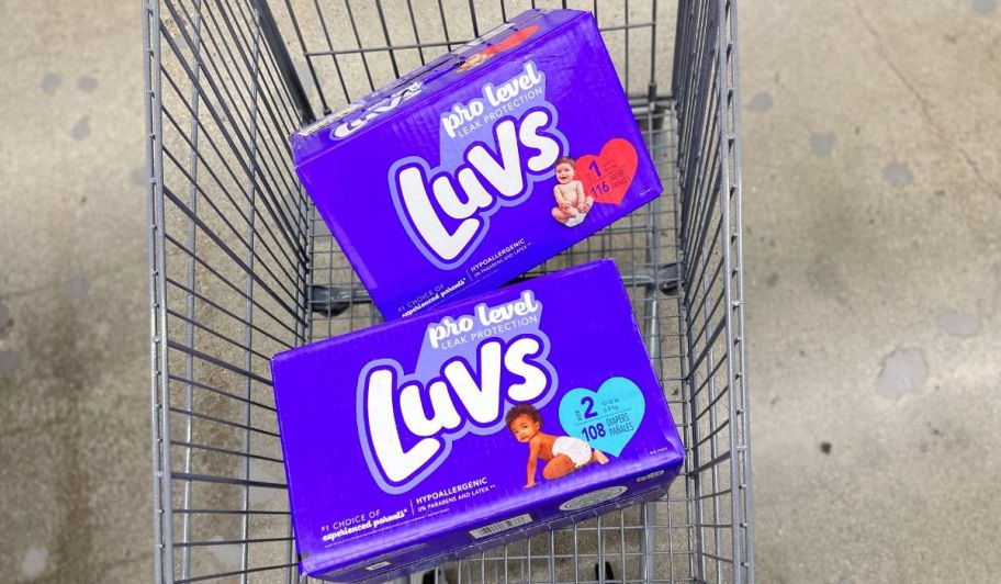 two boxes of luvs diapers in shopping cart