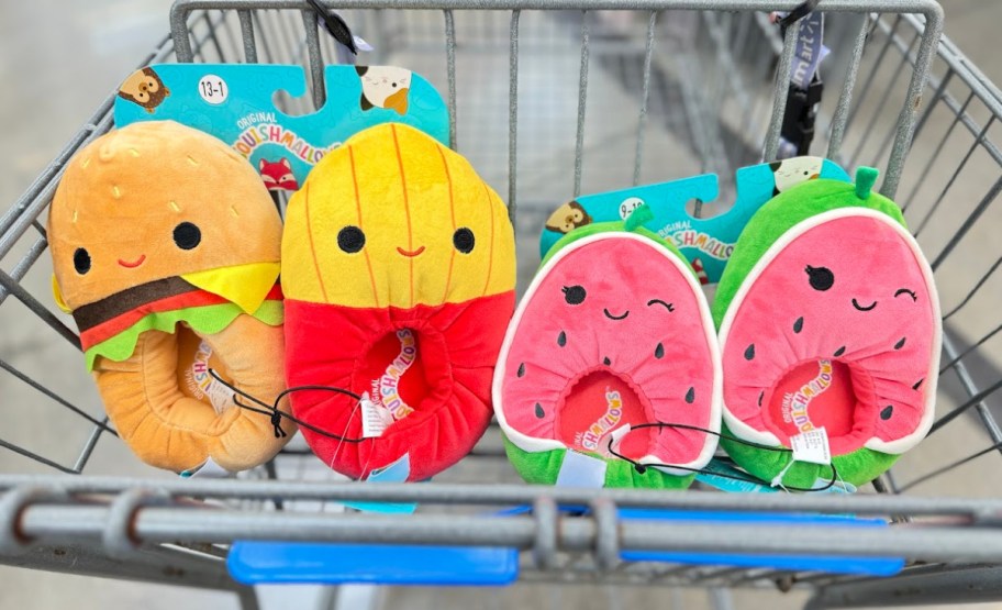 pairs of squishmallows slippers in a walmart cart