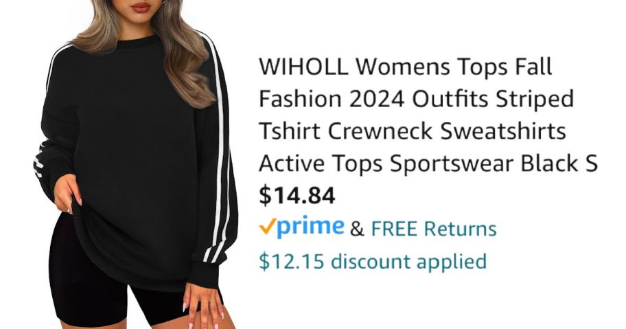 woman wearing black sweatshirt next to Amazon pricing information