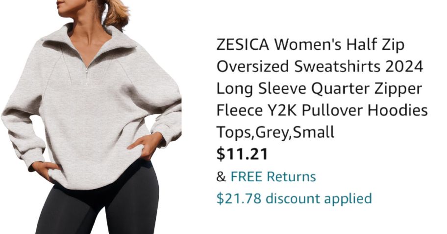 woman wearing gray half zip next to Amazon pricing information