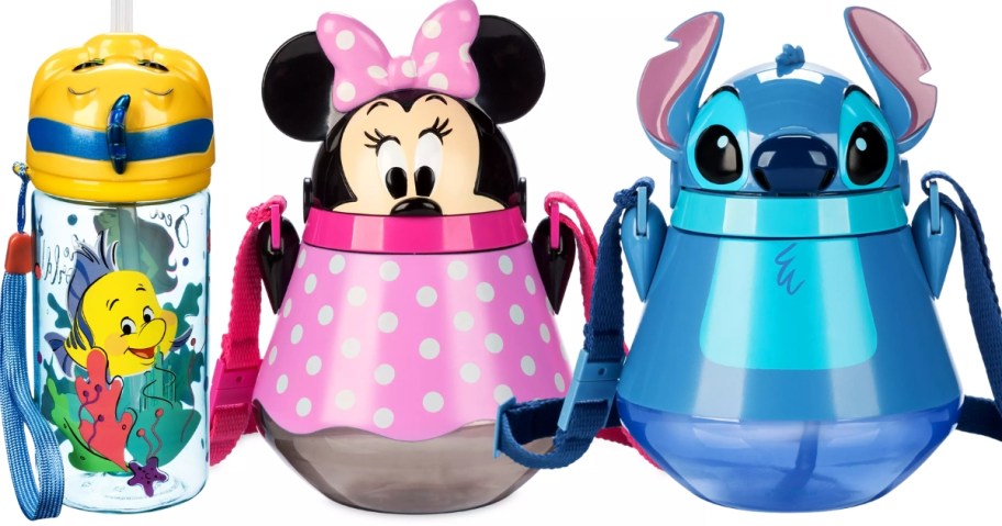 a Flounder water bottle, and Minnie Mouse and Stitch travel mugs