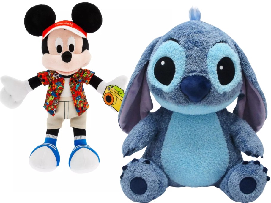 a Mickey Mouse plush and a large Stitch plush