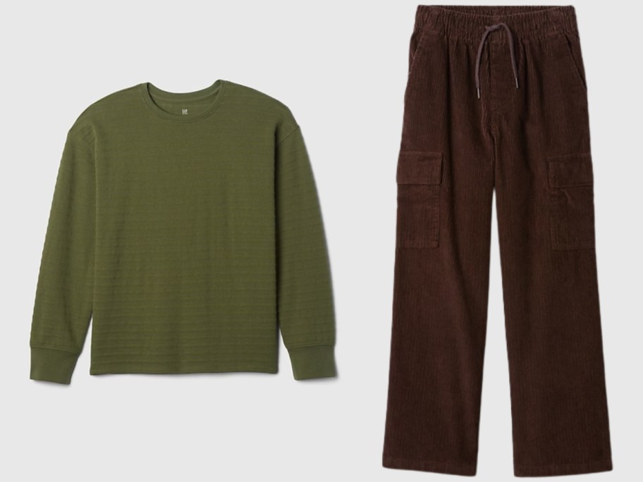 a kids long sleeve olive green top and a pair of kids dark brown cargo pants