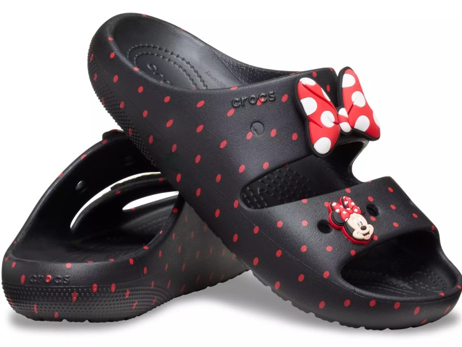 a pair of black and red polka dog Minnie Mouse sandals