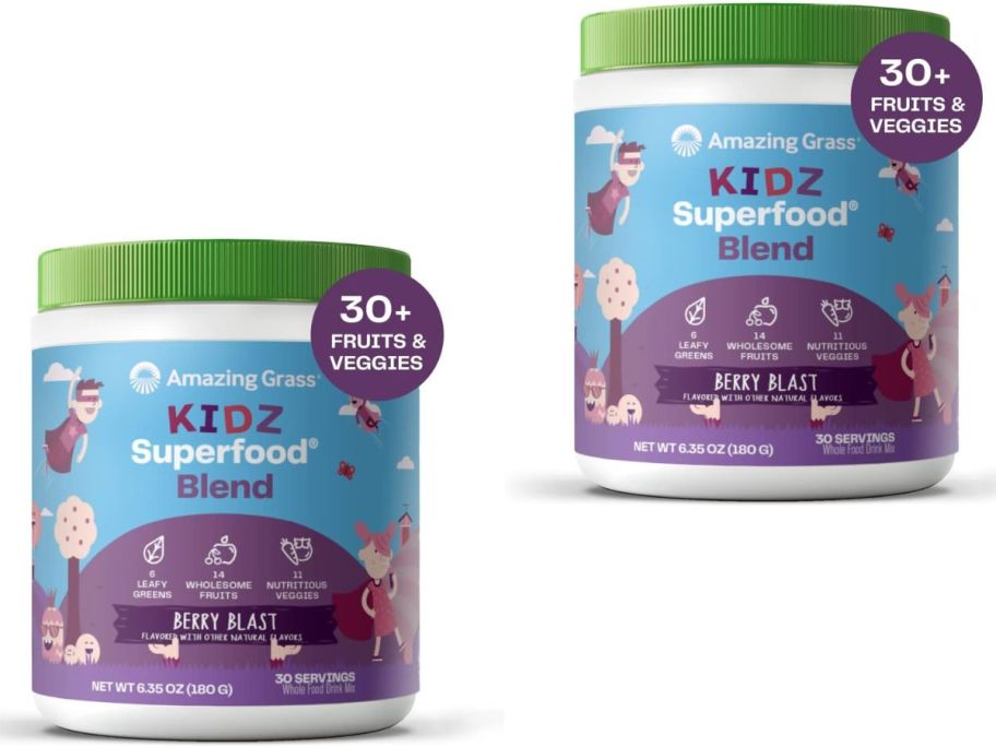 Two jars of Amazing Grass Kidz Superfood 6.35oz in Berry Blast flavor