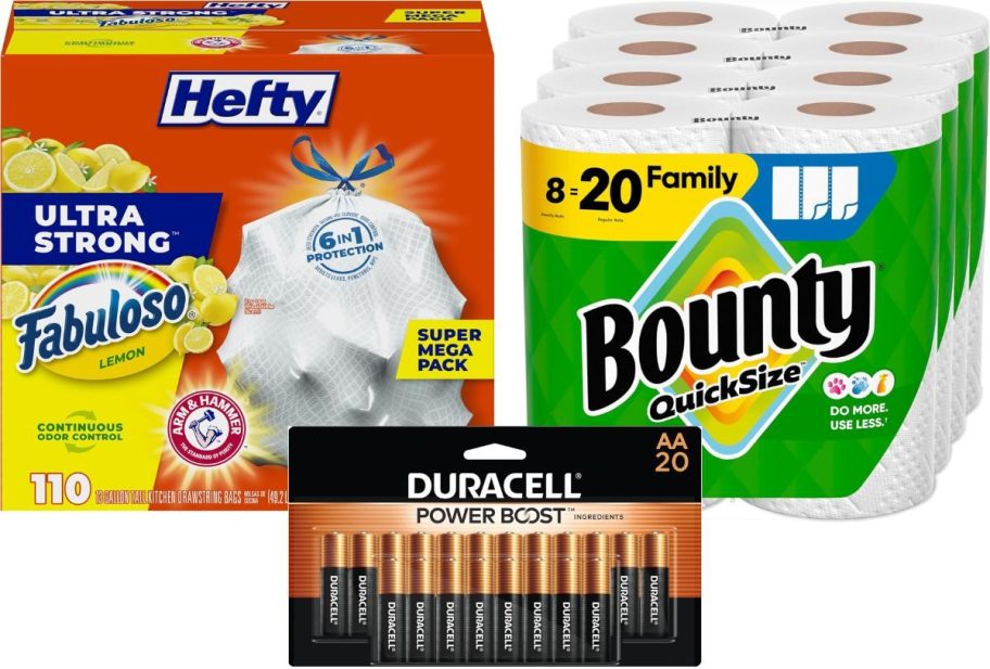 Stock images of a box of Hefty Trash Bags, Durcell AA Batteries and a large pack of Bounty Paper Towels