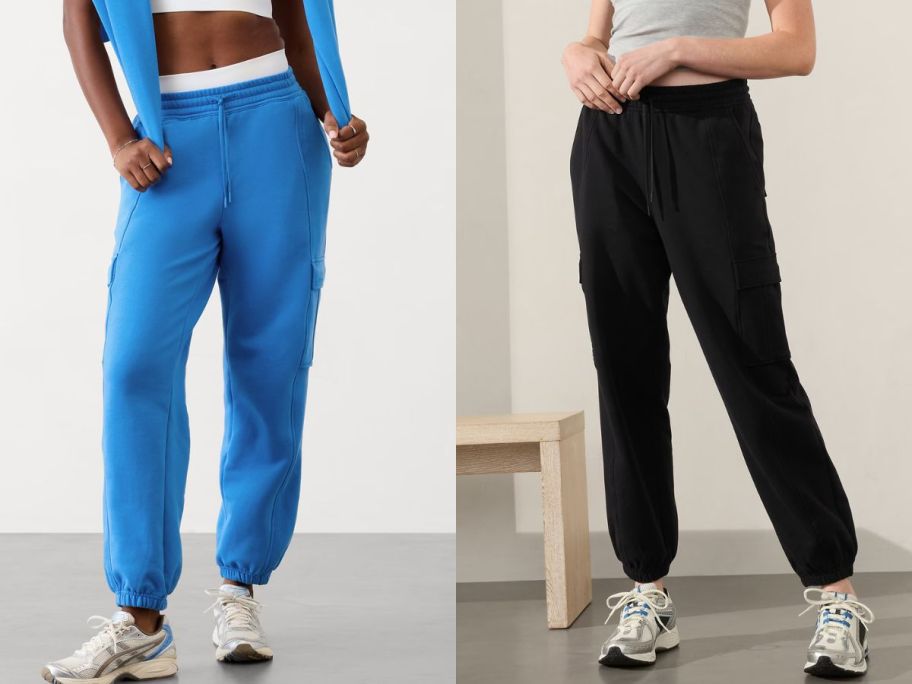 Two women weating Athleta Forever Fleece High Rise Cargo Joggers