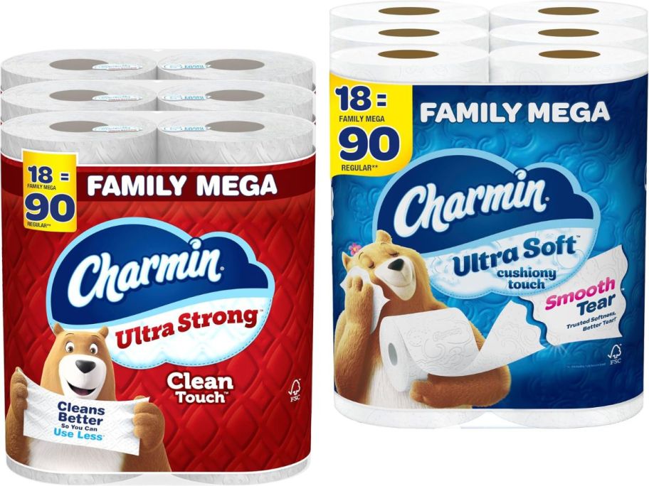 Stock images of two large packs of Charmin toilet paper