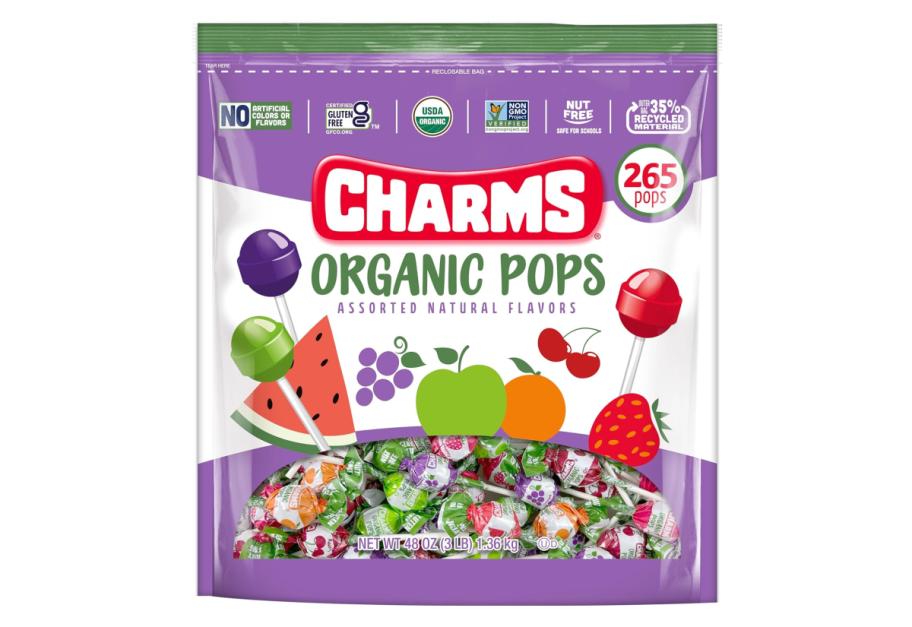 Charms Organic Lollipops which are dye free candy you can hand out on Valentine's Day