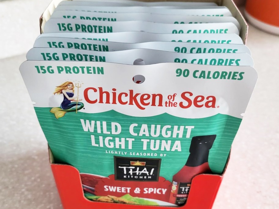 box of Chicken of the Sea Packets on kitchen counter