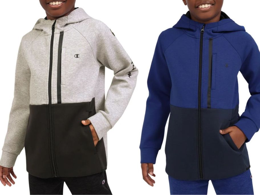 stock images of 2 kids wearing Champion Kid's Full Zip Hoodies