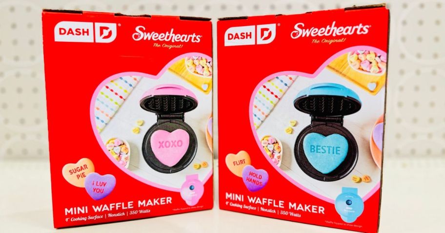 Two Sweethearts Dash Mini Waffle Makers on a shelf