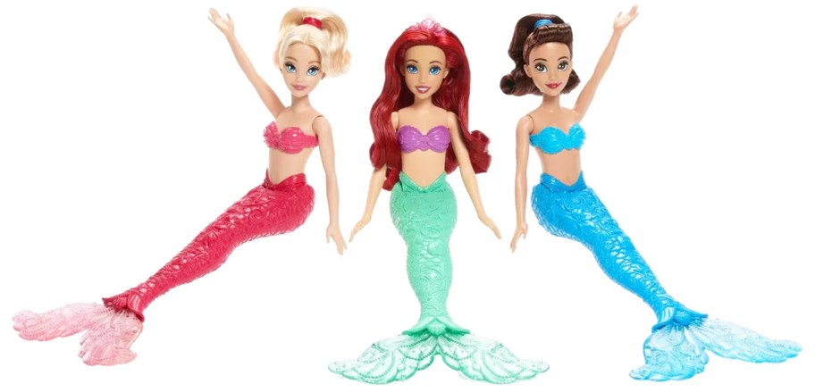 red, green, and blue mermaid dolls