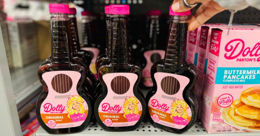 Dolly Parton guitar shaped syrup on Walmart store shelf