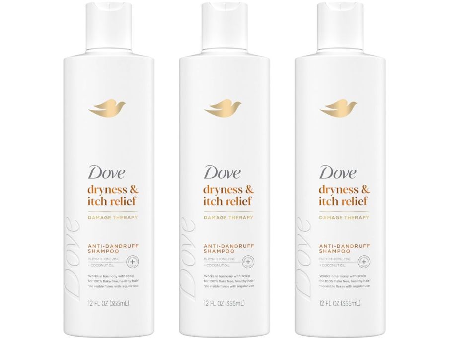 3 bottles of Dove Dryness & Itch Relief Shampoo