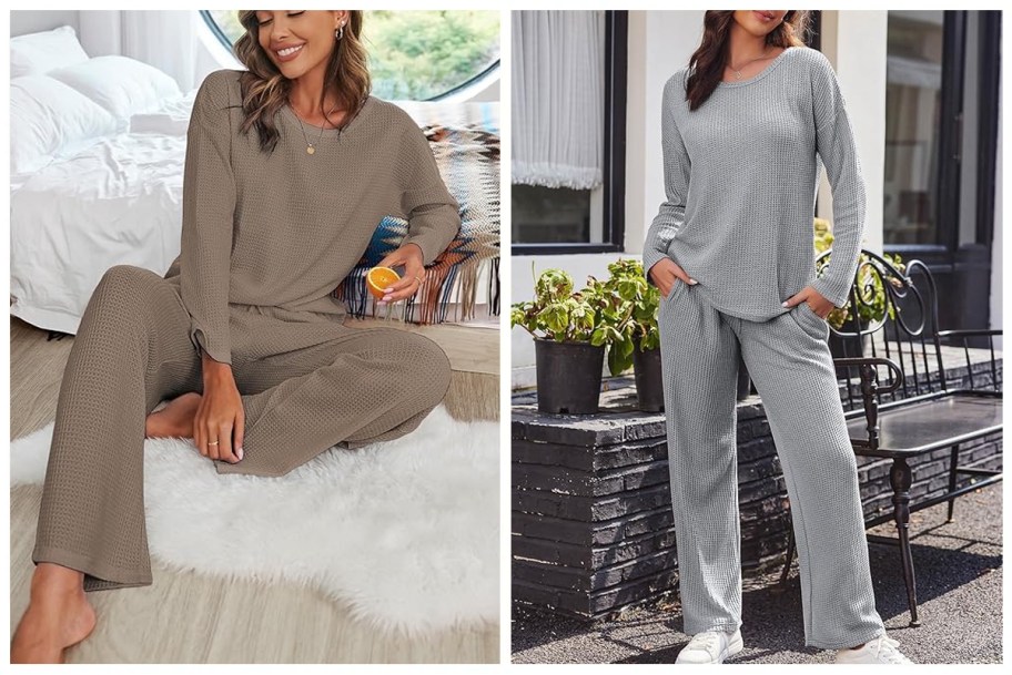 EKOUAER Women's Waffle Knit Pajama Set