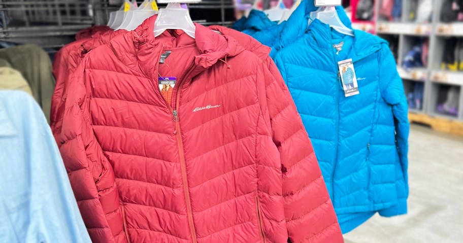 red and blue Eddie Bauer jackets on display in store