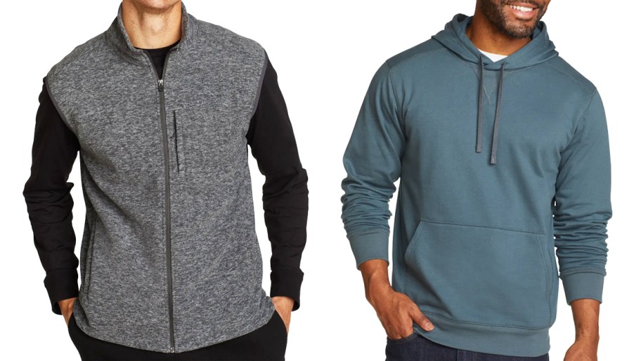 two men in grey vest and blue hoodie