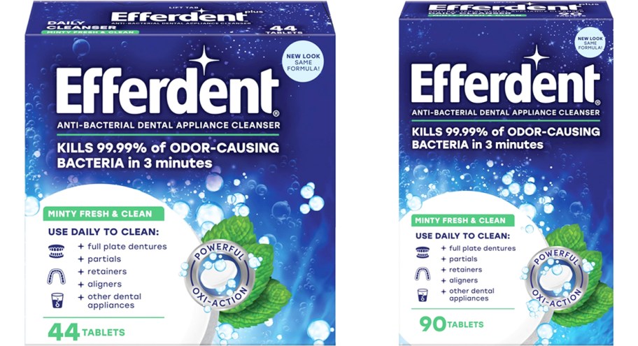 two boxes of Efferdent Minty Fresh Dental Cleaning Tablets