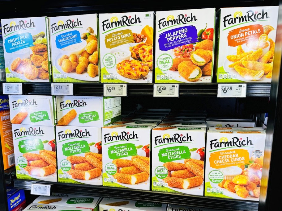 Farm Rich Frozen Appetizers on store shelves in freezer section