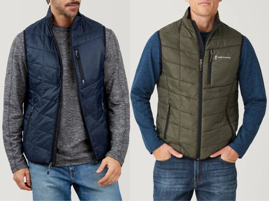 Stock images of two men wearing Free Country Men's Freecycle Stimson Puffer Vest