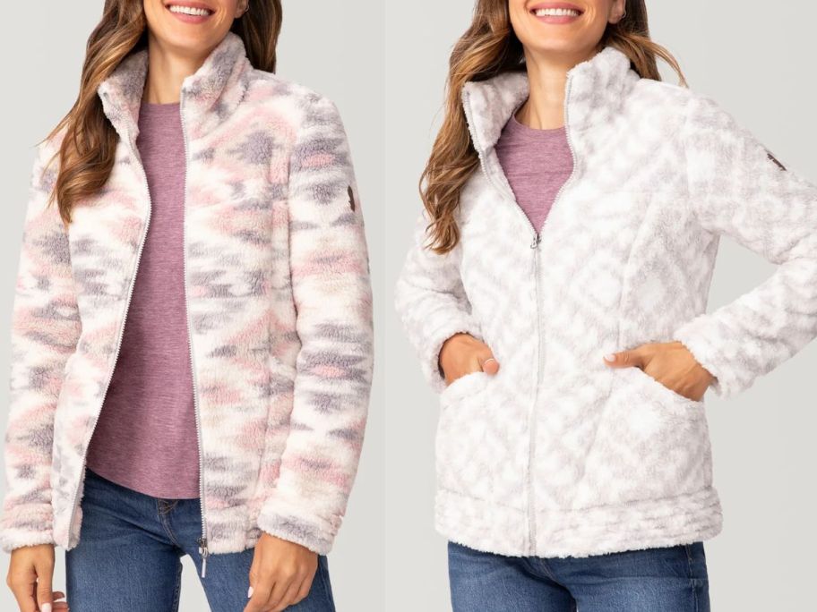 Stock images of two women wearing Free Country Women's Butter Pile Jackets