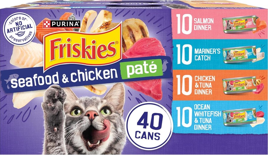 stock image of a purple variety pack box of Friskies Wet Cat Food