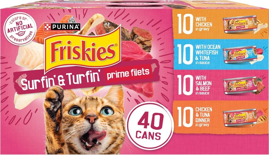 stock image of a pink variety pack box of Friskies Wet Cat Food