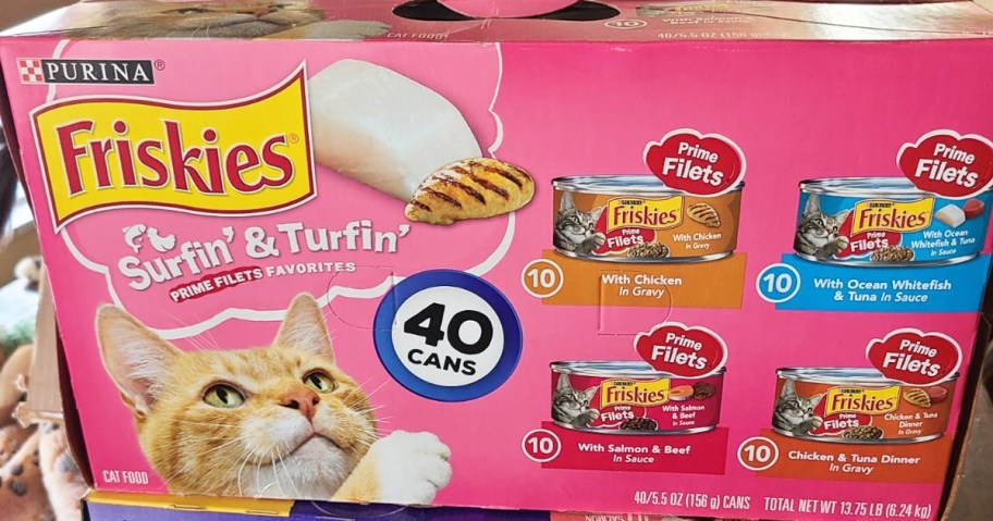 stock image of a pink variety pack box of Friskies Wet Cat Food