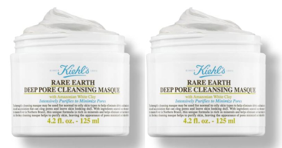 2 open containers of Kiehl's Rare Earth Pore Cleansing Masques with the masque cream onlineing out of the top