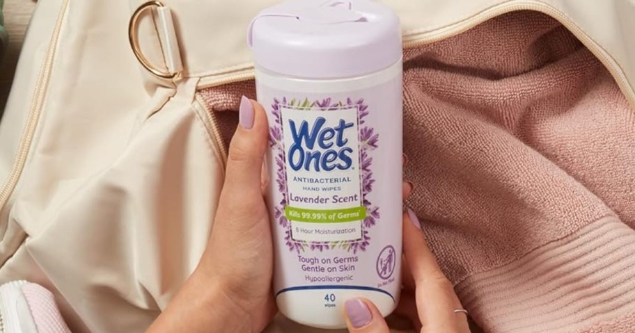 hands holding a bottle of Wet Ones Wipes