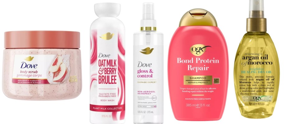 a Dove body scrub jar, Dove hairsrapy, Dove bodywash, OGX shampoo & OGX argan oil bottle