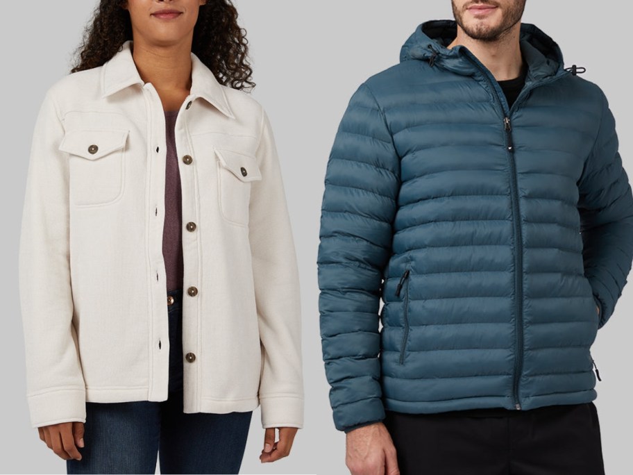 woman wearing a white button down shacket and man wearing a blue puffer jacket with a hood