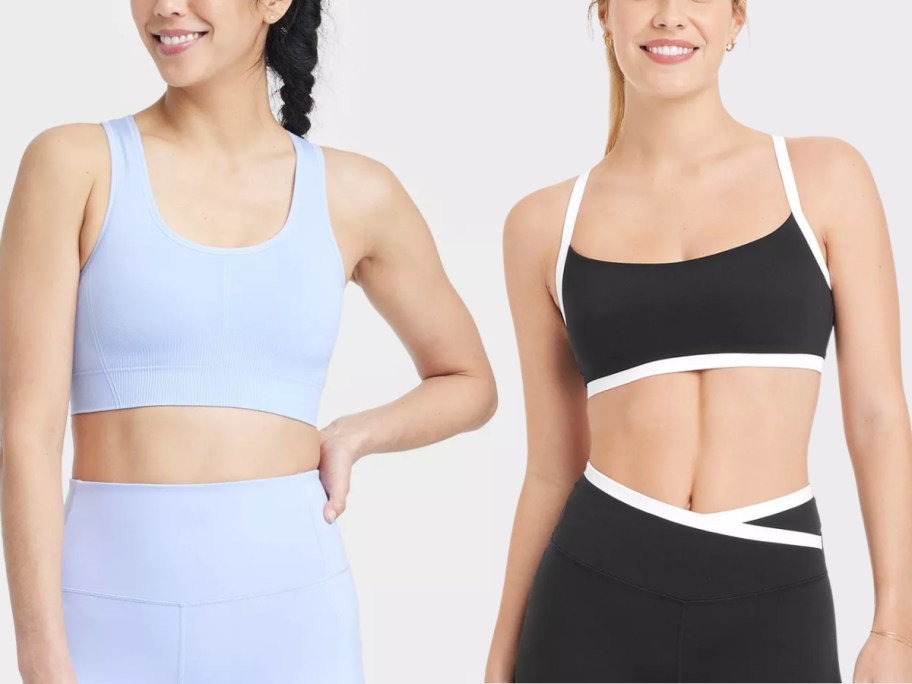 woman wearing a light blue sports bra and matching shorts, and woman wearing a black sports bra with white straps and black leggings