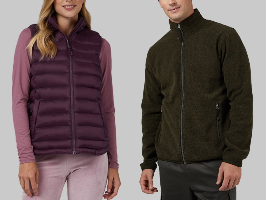 woman wearing a purple puffer vest with a lighter purple top and pants and man wearing a black zip up jacket with pants