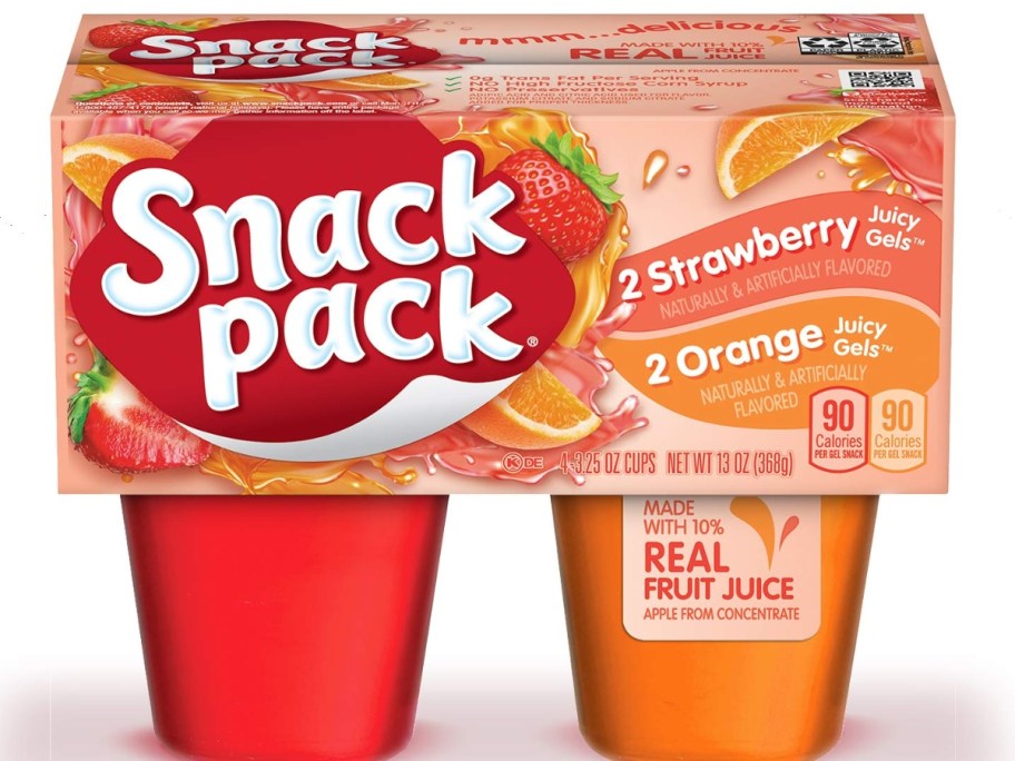 an image of a Snack Pack Juicy Gels 4 count pack with 2 Strawberry and 2 Orange Flavor cups