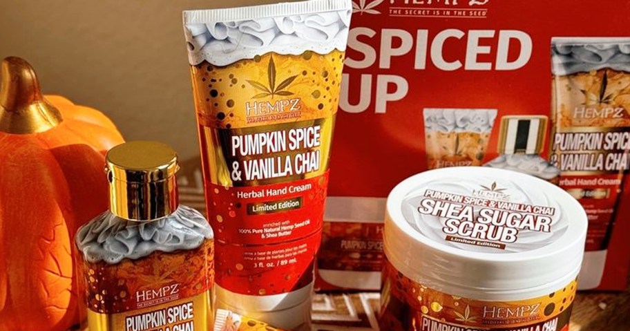 Hempz Pumpkin Spice & Vanilla Chai Hand Cream displayed with other products from the fall line