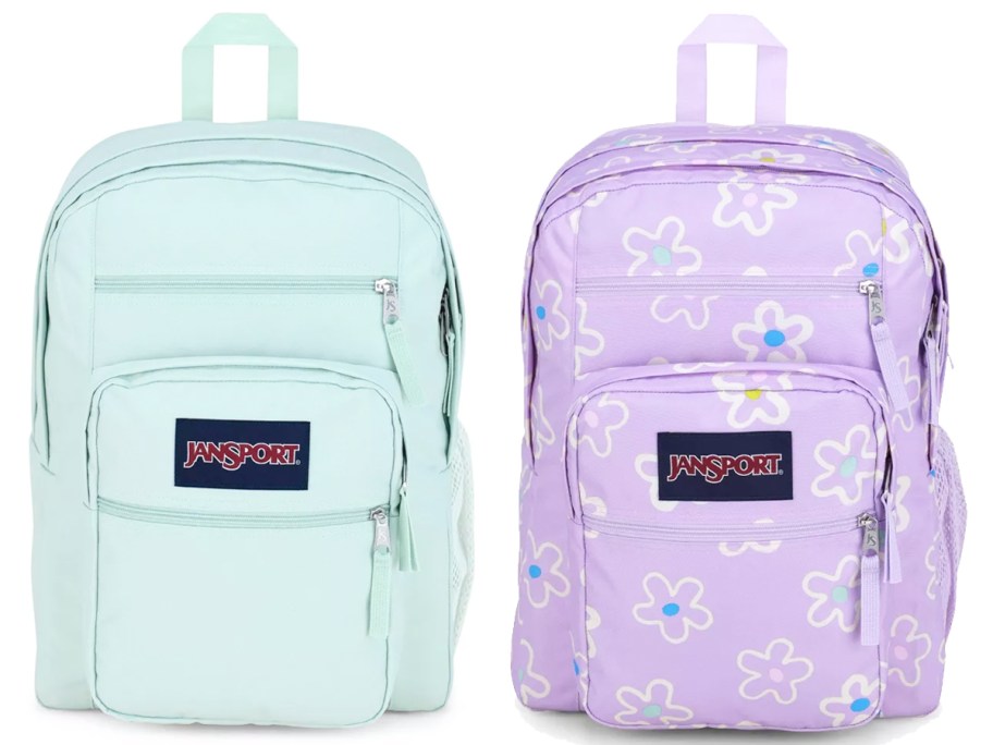 mint green and purple floral print backpacks