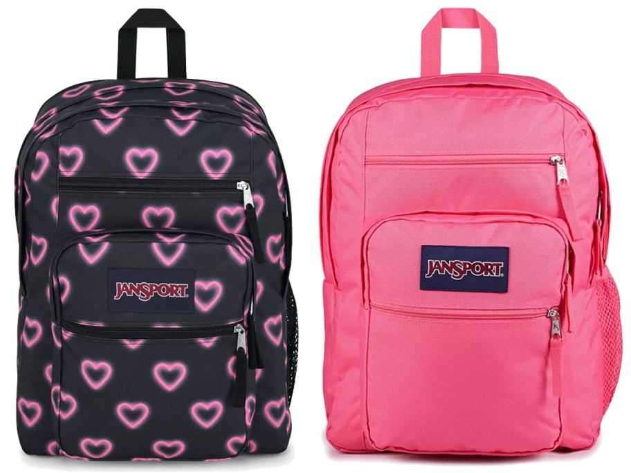 black with pink hearts and solid pink backpacks